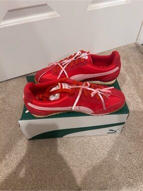 New Puma Palermo Red Suede Sneakers Pink Ribbon Laces Gum Sole Women’s 6.5
